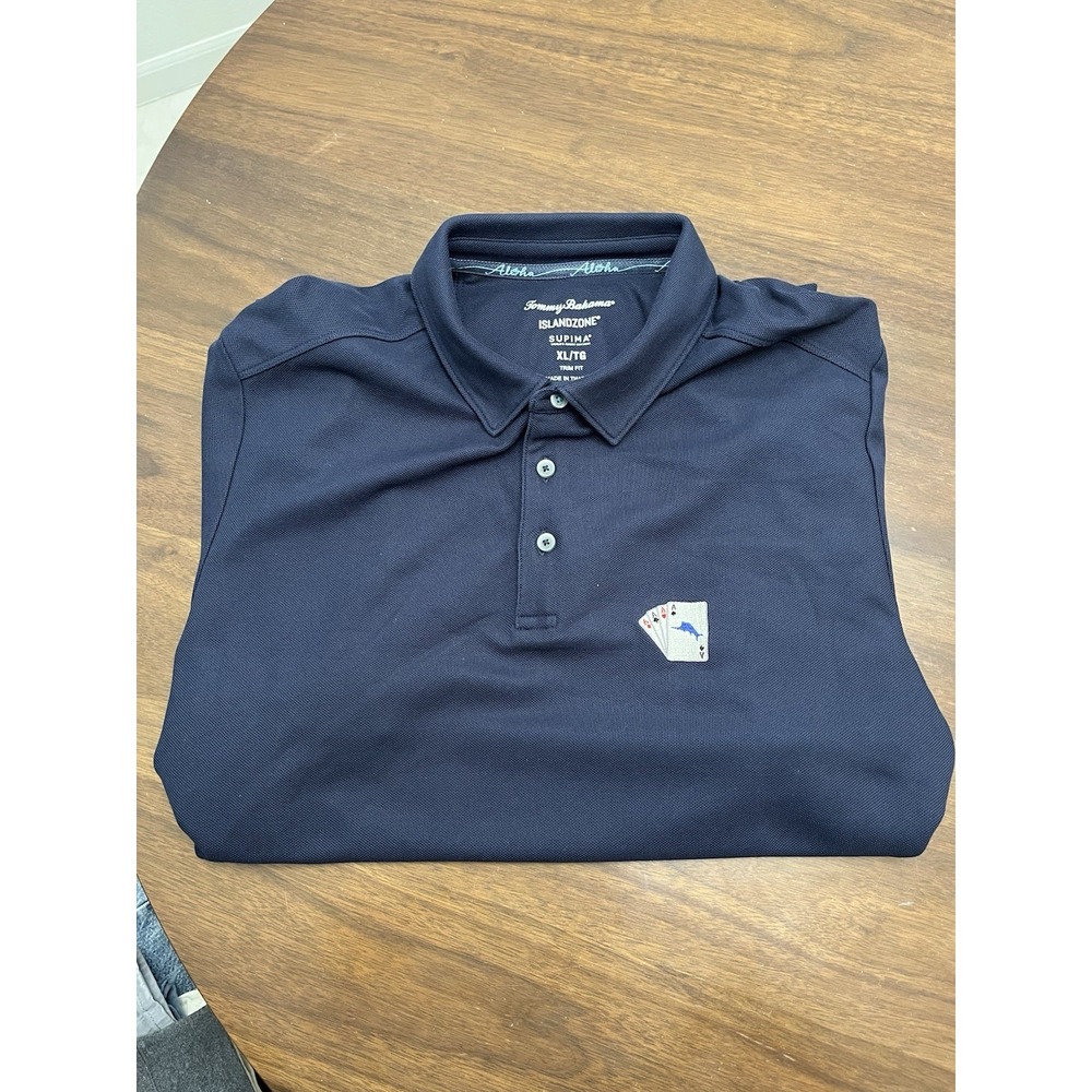 Tommy Bahama IslandZone Polo Shirt Mens XL Navy Four Of A Kind Quad Aces Marlin